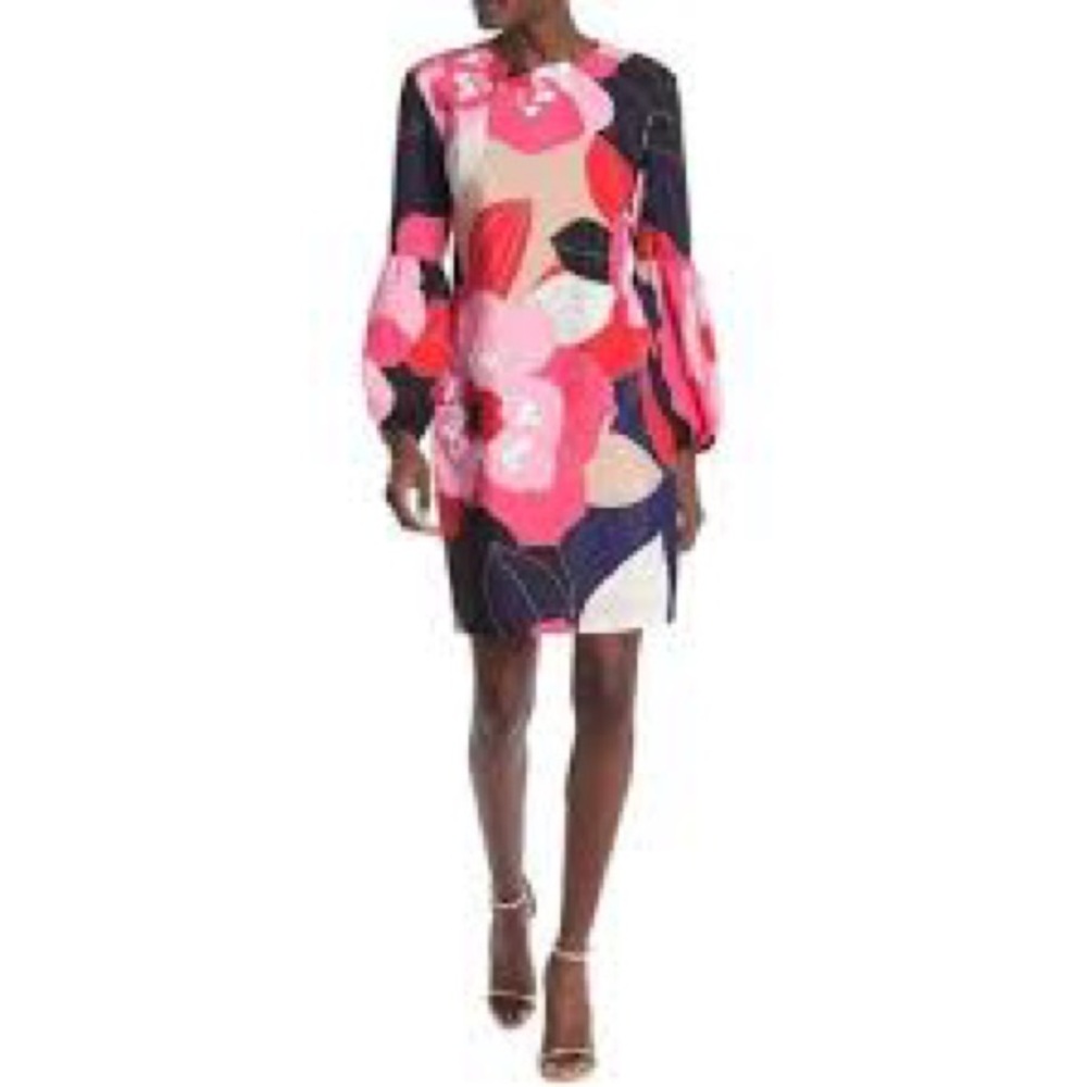 Trina Turk Vibrant Pink and Red Long Sleeve Dress with white sequins